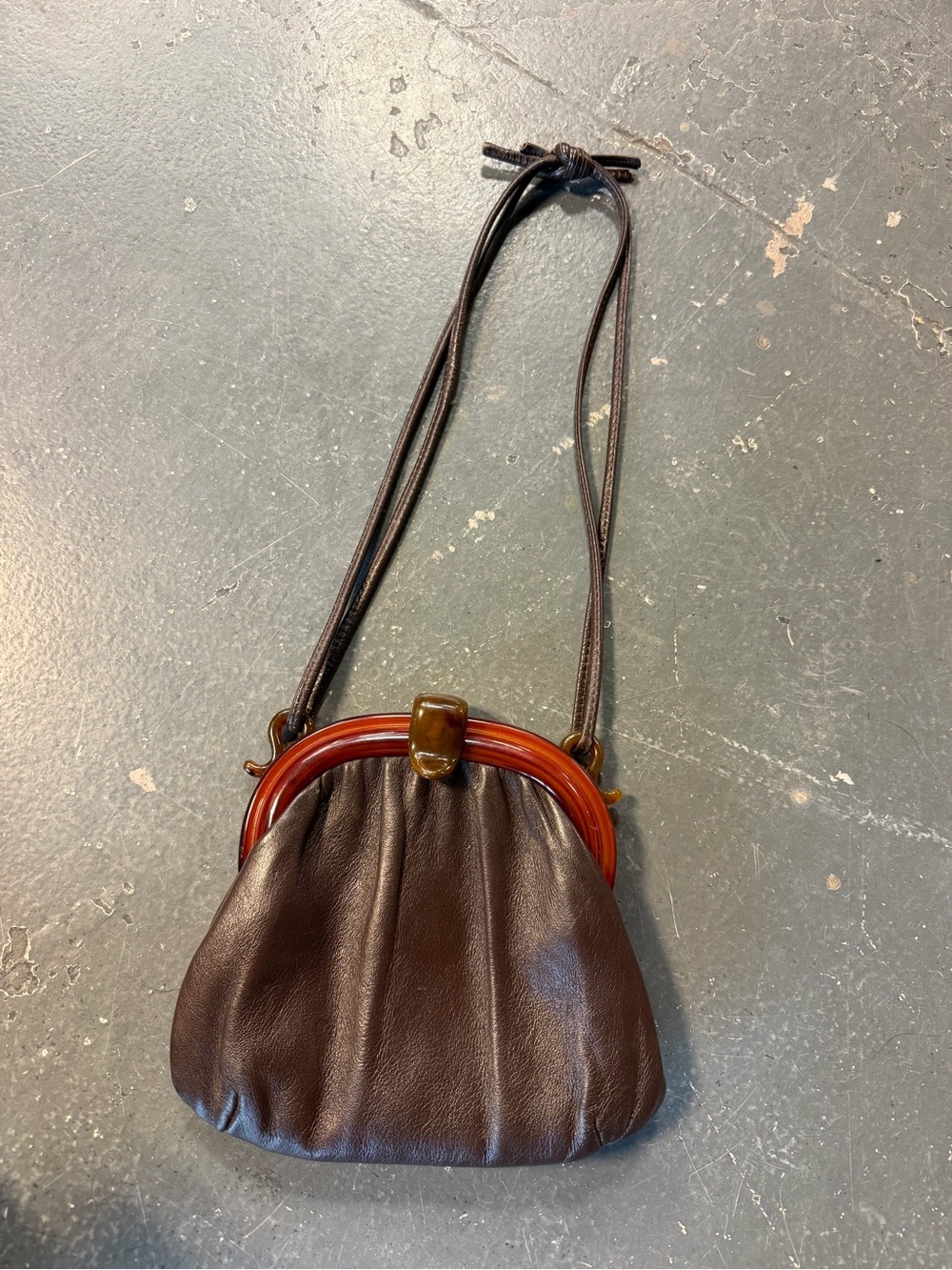 Vintage Classic Brown Leather shoulder Purse with Amber Frame